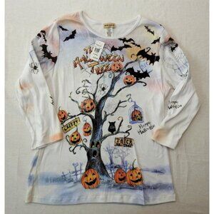 Vintage Halloween Tree Top Women’s Size XL LS Pumpkins Bats Spooky Shirt Emblish
